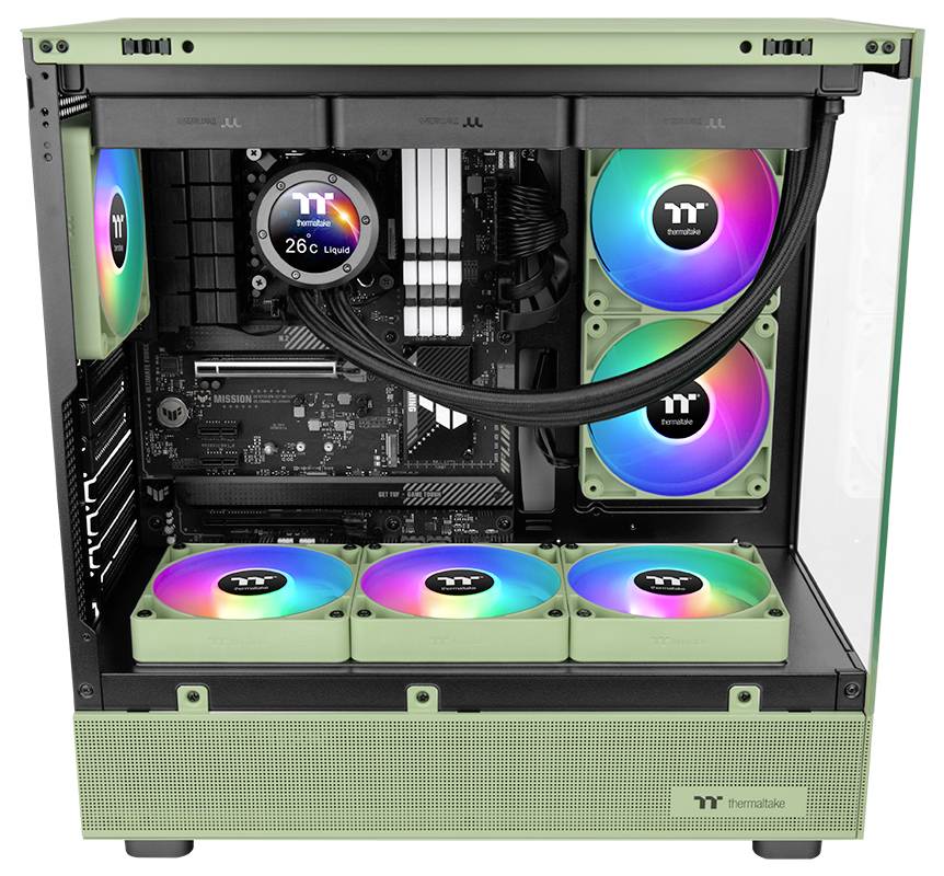 Offenes Computergehäuse zeigt interne Komponenten: Motherboard, Flüssigkeitskühlsystem mit Temperaturanzeige und RGB-beleuchtete Lüfter.