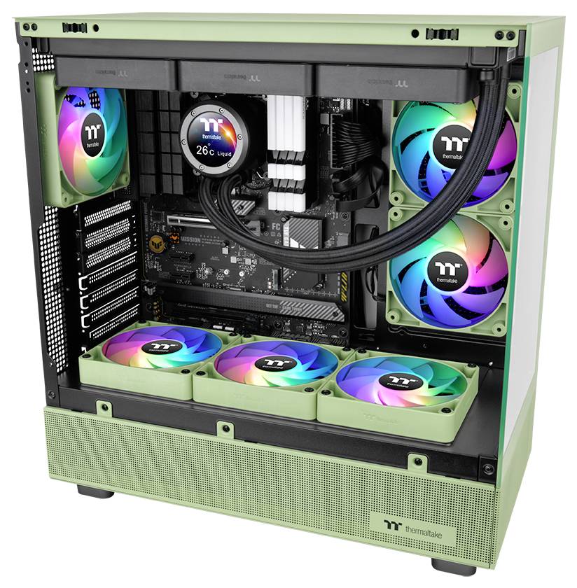 Ein grünes Desktop-Computergehäuse mit sechs lebendigen RGB-Kühlungslüftern, einem sichtbaren internen Motherboard und einer digitalen Thermometeranzeige.