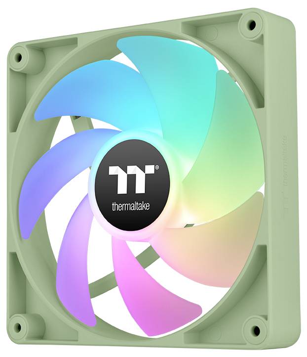 Ein quadratischer Computerkühllüfter mit farbenfrohen LED-Leuchten in den Farbtönen Blau, Grün und Rosa. Das Markenlogo ist in der Mitte sichtbar.