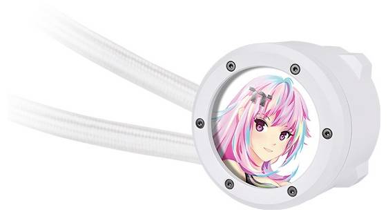 Weiße CPU-Kühlereinheit mit farbigem Anime-Charakter auf der Abdeckung. Zwei Schläuche führen unter einem Winkel weg.