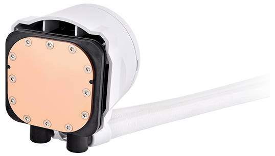 Eine Wasserpumpe mit einem Kupfer-Bodenplatten, zwei Anschlussschläuchen und einer weißen Ummantelung. Geeignet für Kühlungssysteme.