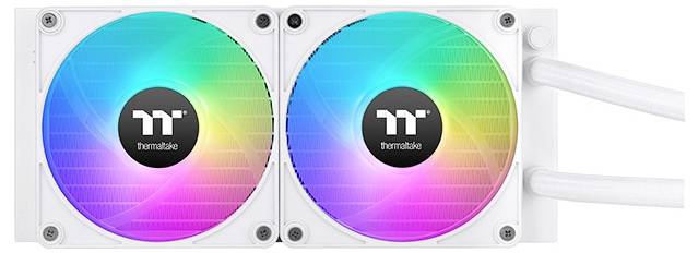 Zwei Computerlüfter mit leuchtenden RGB-Farben und Thermaltake-Logo in der Mitte sind nebeneinander angeordnet.