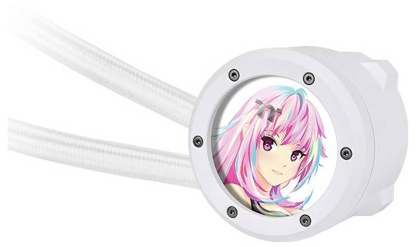 Kühlmittelpumpe mit einem Aufdruck eines animierten Charakters mit rosa und blauen Haaren auf der Vorderseite.