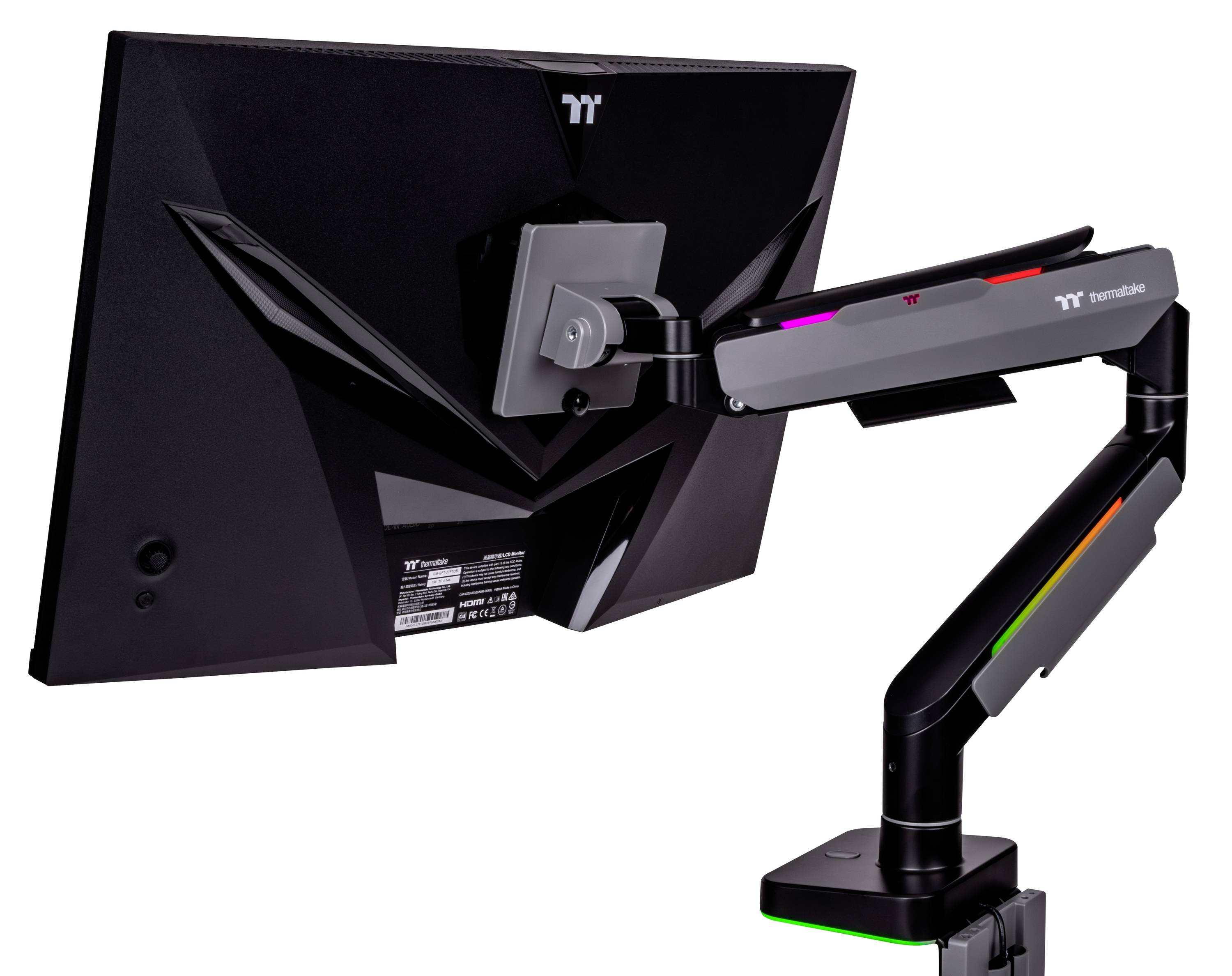 Ein schwarzer Monitor ist an einem flexiblen, einstellbaren Arm befestigt. Der Arm hat leuchtende LED-Streifen an den Seiten.