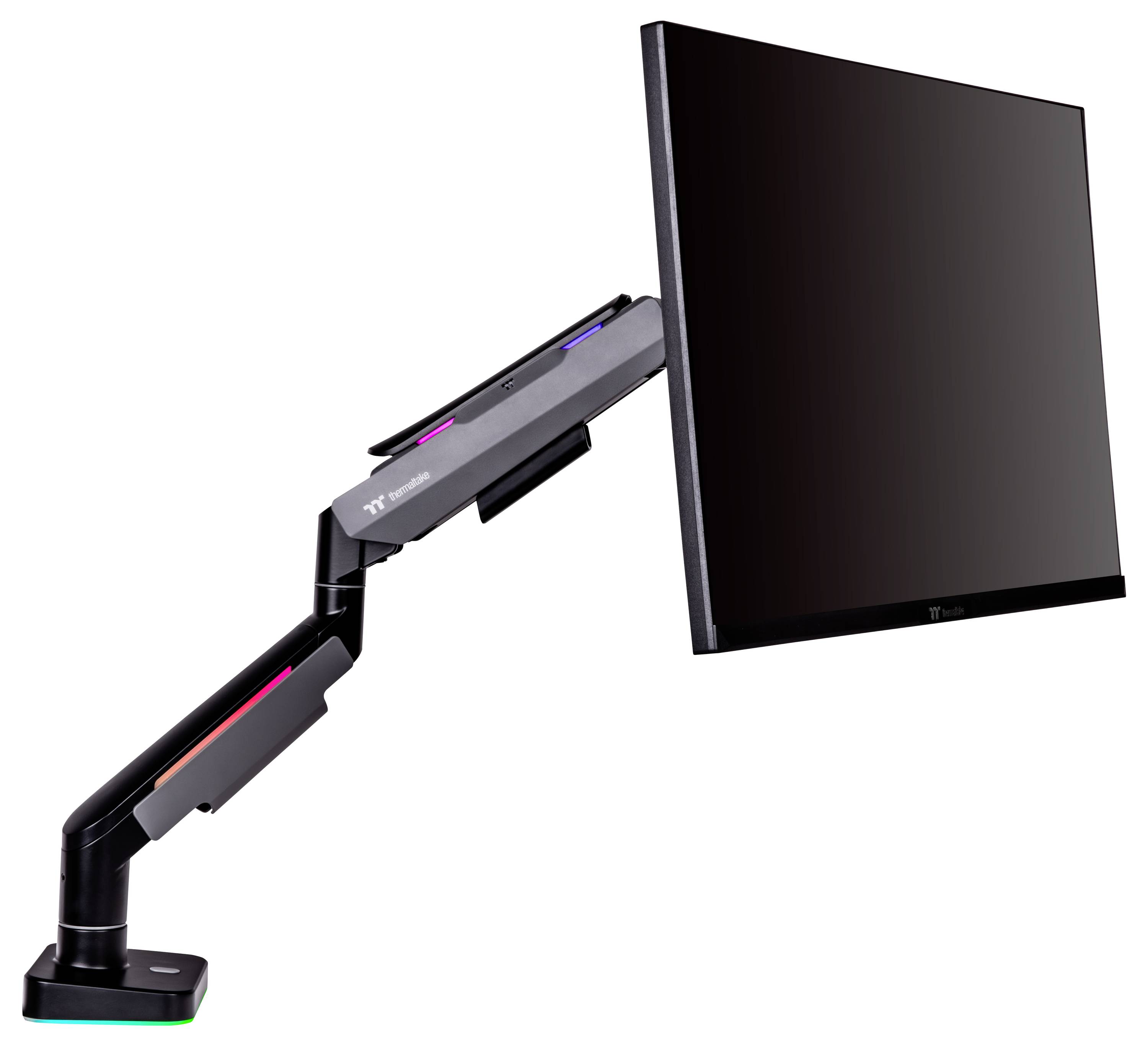 Ein schwarzer Monitor an einem ergonomischen, verstellbaren Schwenkarm, ermöglicht flexible Bildschirmpositionierung.