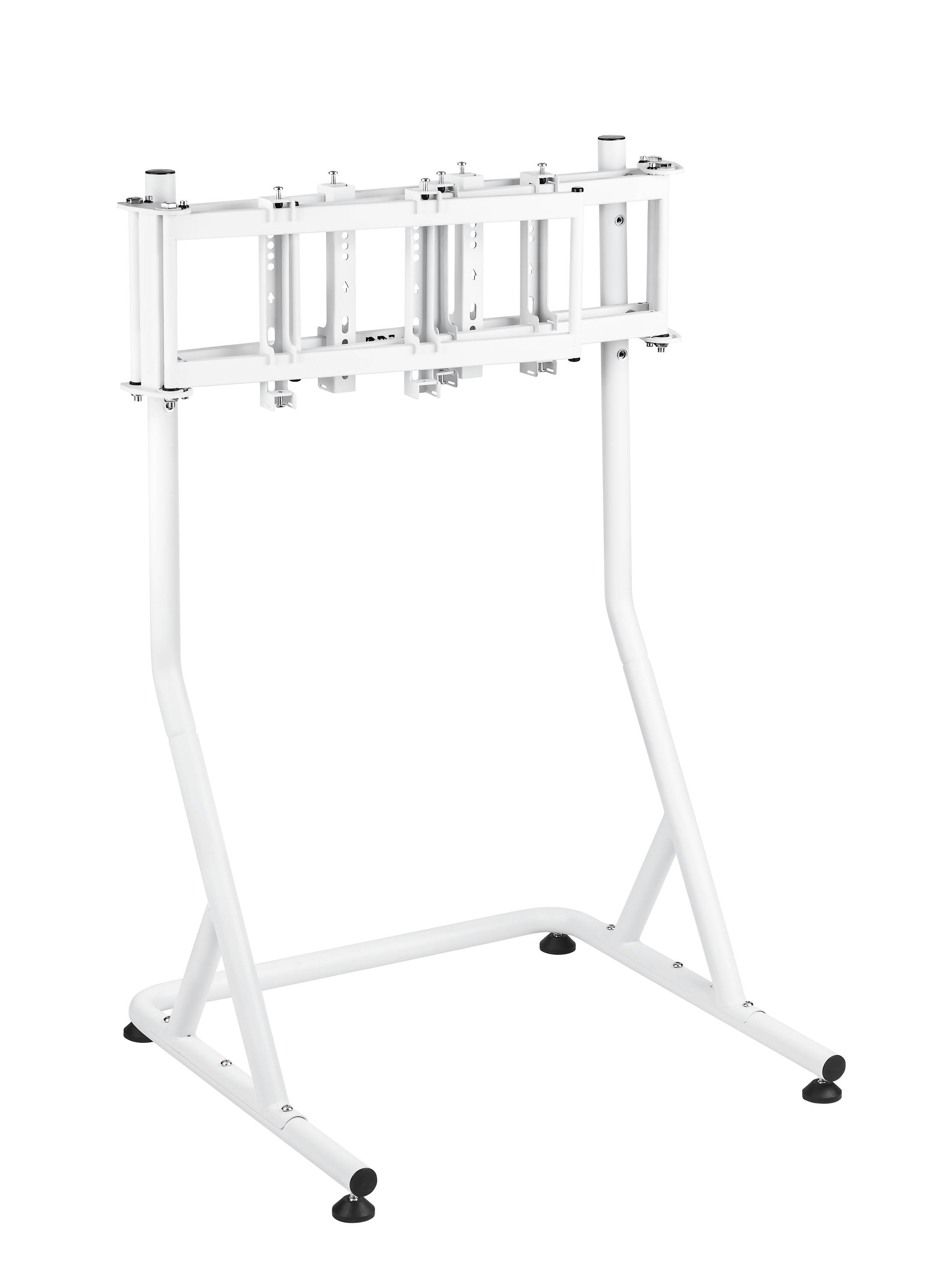 Metallständer mit verstellbarem Rahmen, geeignet zur Halterung großer Bildschirme oder Tafeln, auf einem stabilen Standfuß.