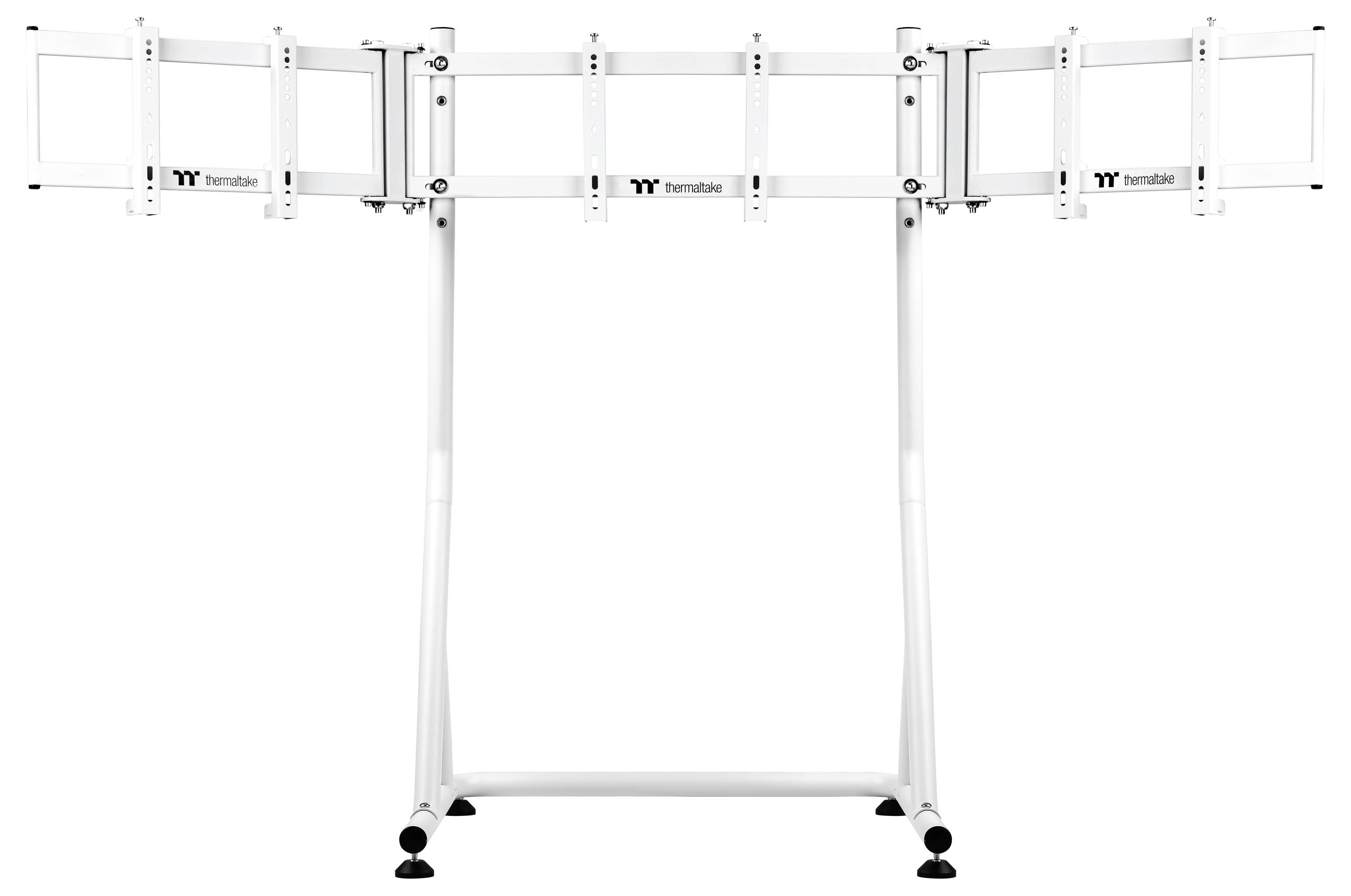 Metallgestell für mehrere Monitore an einem Ständer, geeignet für Büro- oder Gaming-Setups. Robust und höhenverstellbar.