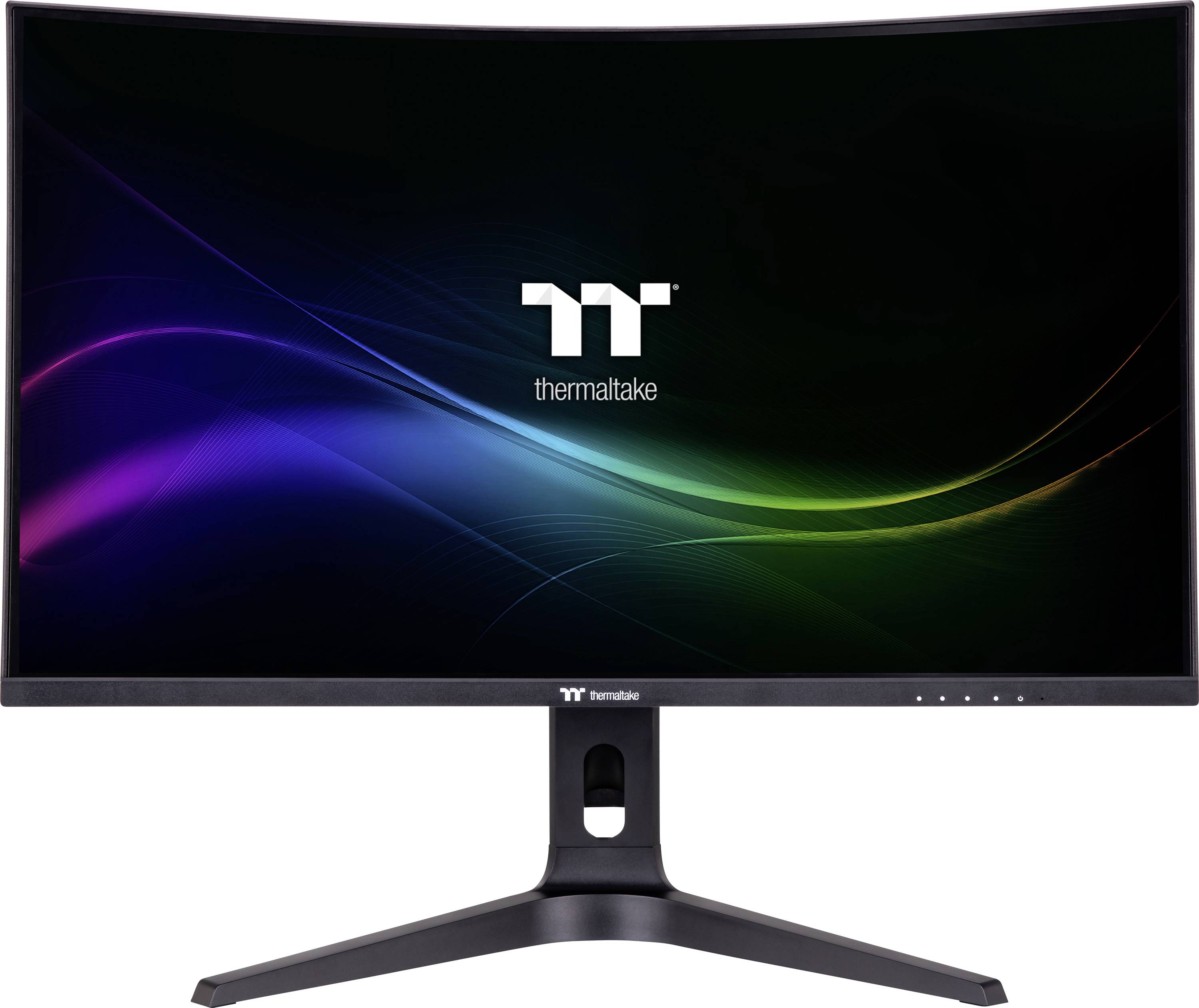 Gebogener Computermonitor der Marke 'Thermaltake' mit schwarzem Rahmen, hellem Display und Regenbogeneffekt, auf einem stabilen Ständer.