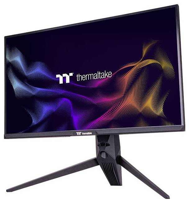 Ein Computermonitor von Thermaltake zeigt ein abstraktes, wellenförmiges Farbdesign auf dem Bildschirm.