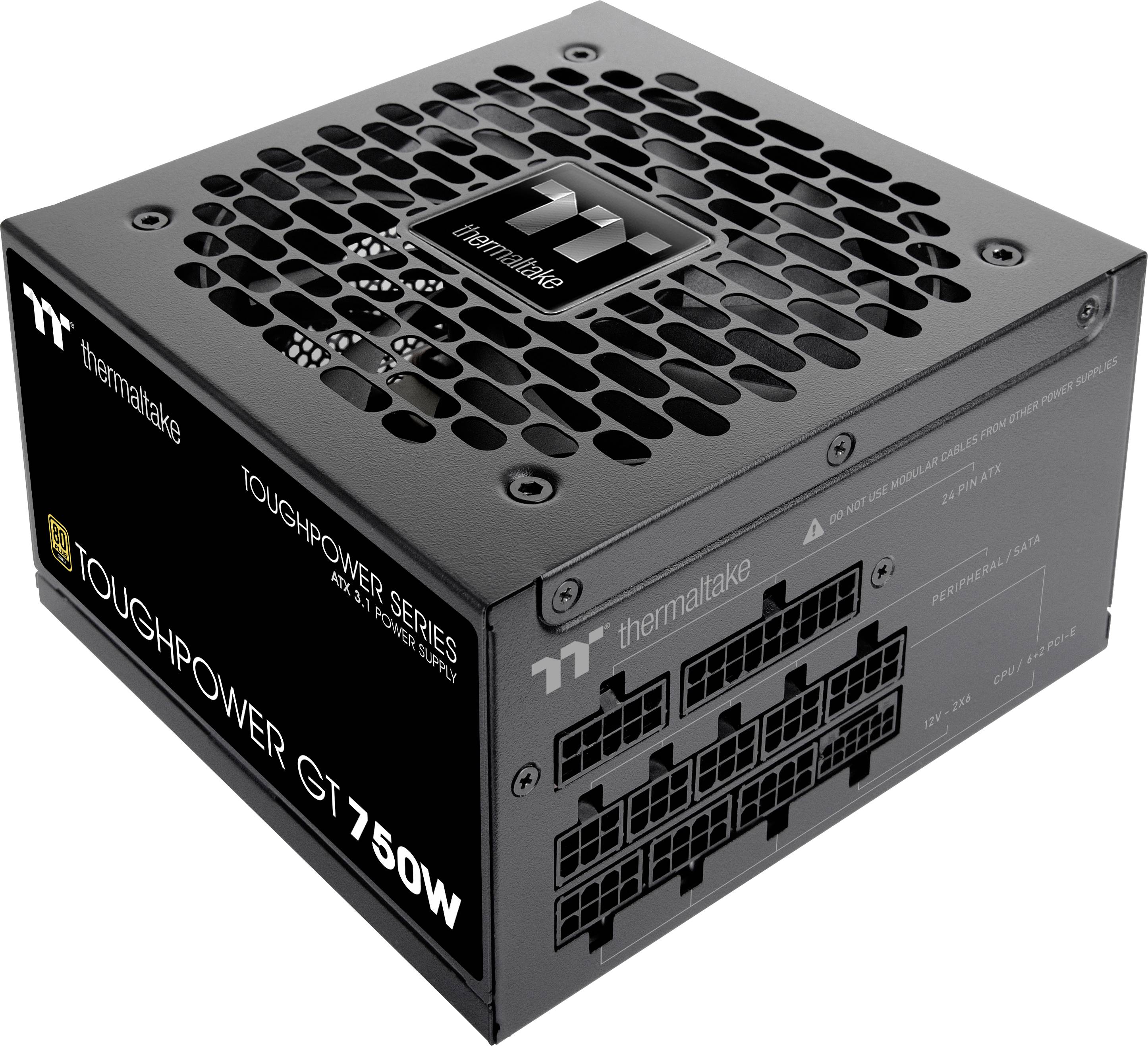 Schwarzes PC-Netzteil von Thermaltake, Modell Toughpower GT 750W. Mehrere Anschlüsse an der Seite sichtbar.