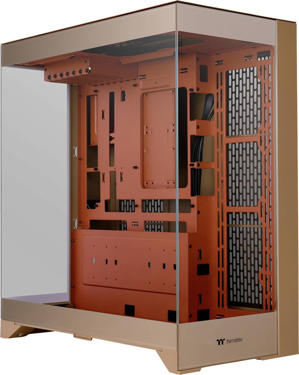 Ein Computergehäuse mit einem transparenten Seitenteil zeigt das Innenlayout für Hardware-Komponenten. Orange und schwarze Farbtöne.