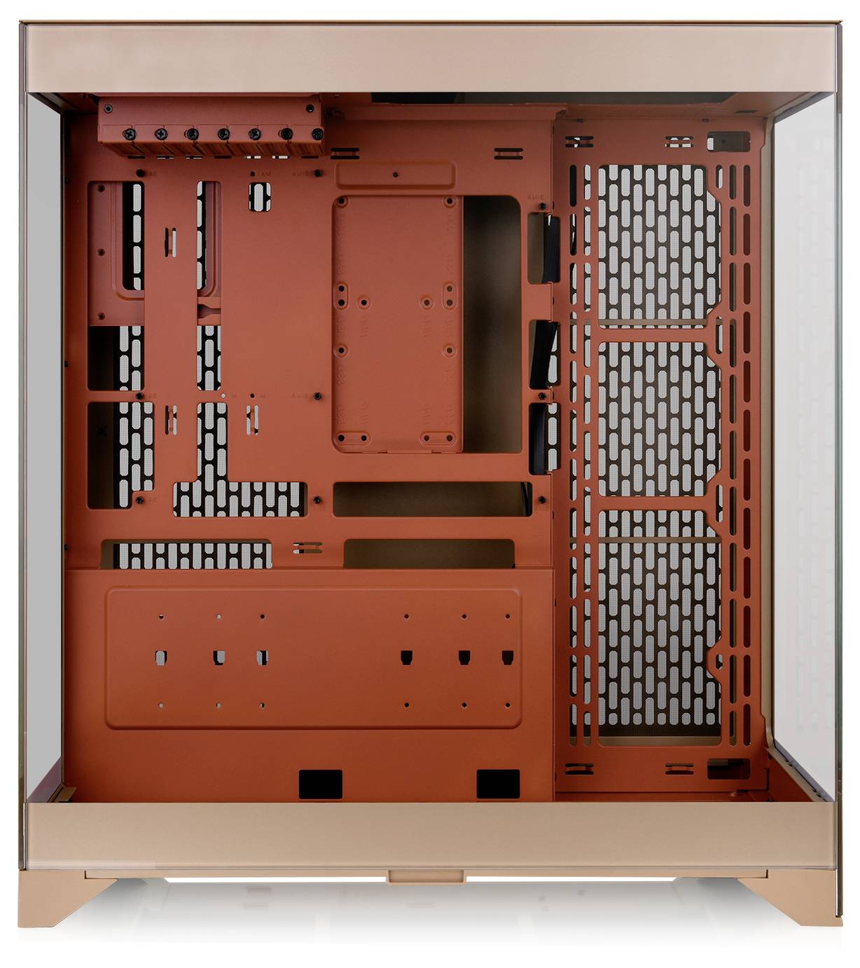 Ein leerer, kupferfarbener Computergehäuse-Rahmen mit Sichtfenster, gezeigt von vorne. Eignet sich zum Einbau von PC-Komponenten.