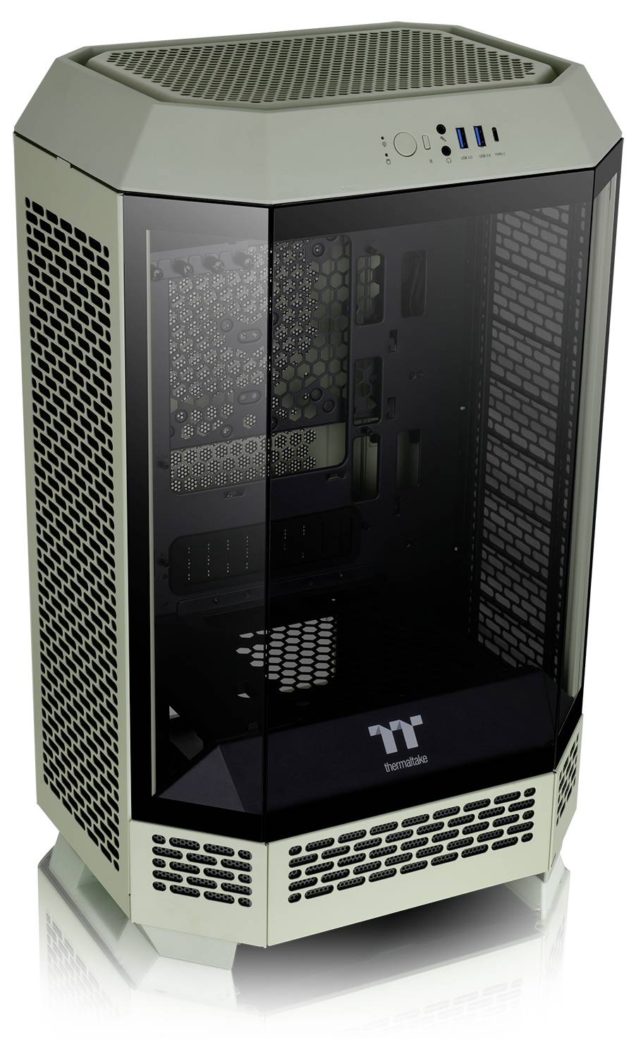 Ein stilvoller Computergehäuse-Tower mit sichtbarer Innenbeleuchtung durch ein Seitenfenster. Ober- und Frontanschlüsse für Lüftung und USB.