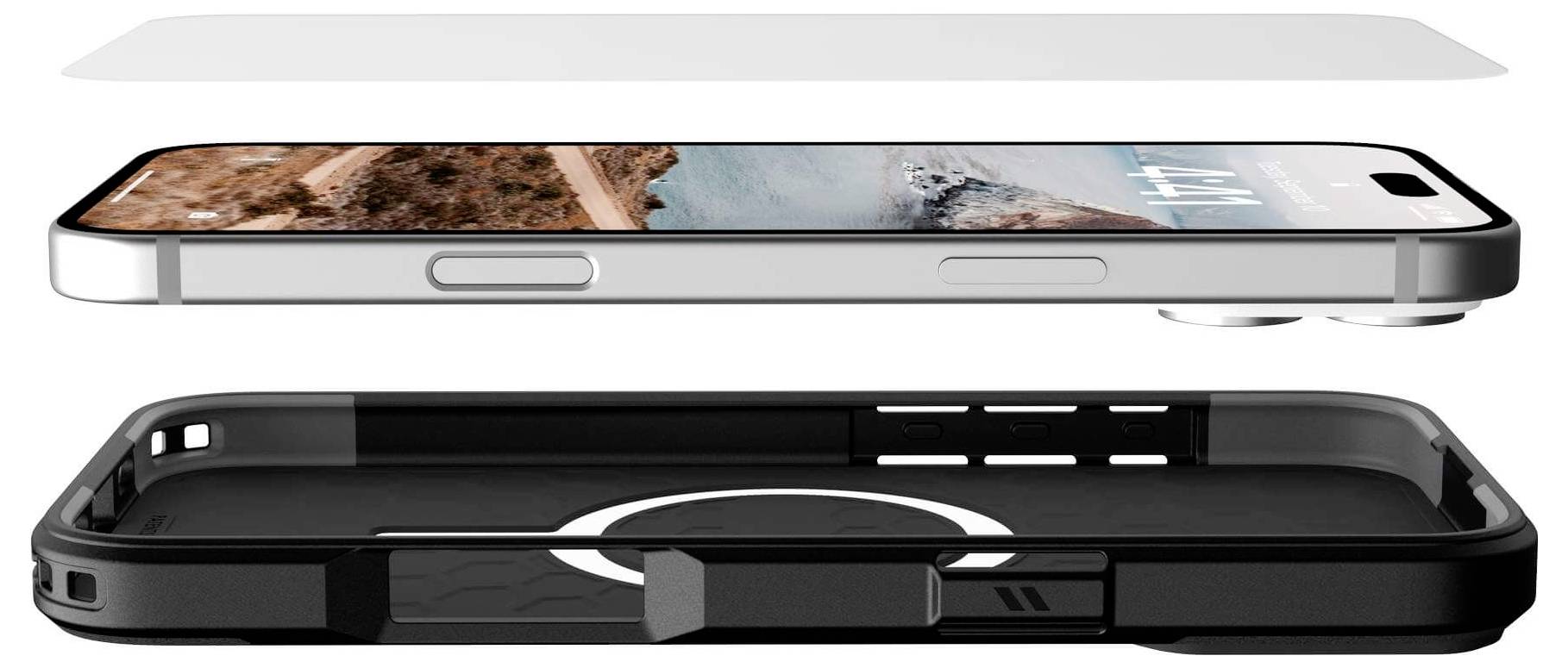 Smartphone mit einem Küstenbild auf dem Bildschirm, in der Seitenansicht dargestellt. Darunter schwarze Schutzhülle mit kreisförmigem Design.