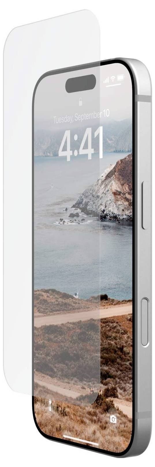 Smartphone mit Bildschirmfolie, zeigt eine Küstenlandschaft als Hintergrundbild. Uhrzeit 4:41.