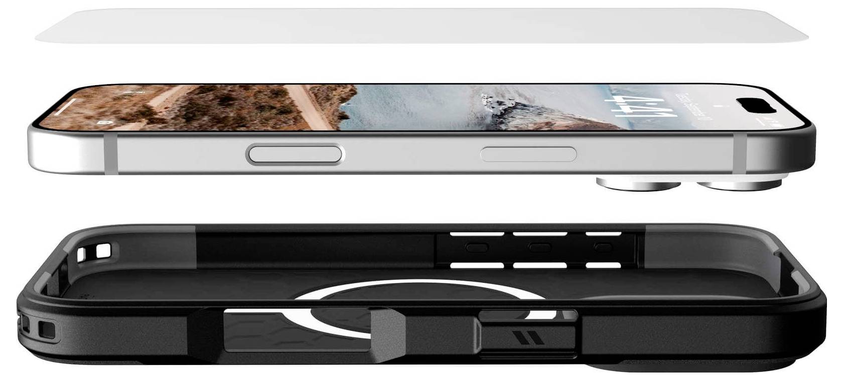 Smartphone in seitlicher Ansicht mit Schutzhülle und Displayschutzfolie. Dreiteilige Darstellung: Oben Folie, Mitte Telefon, unten Hülle.