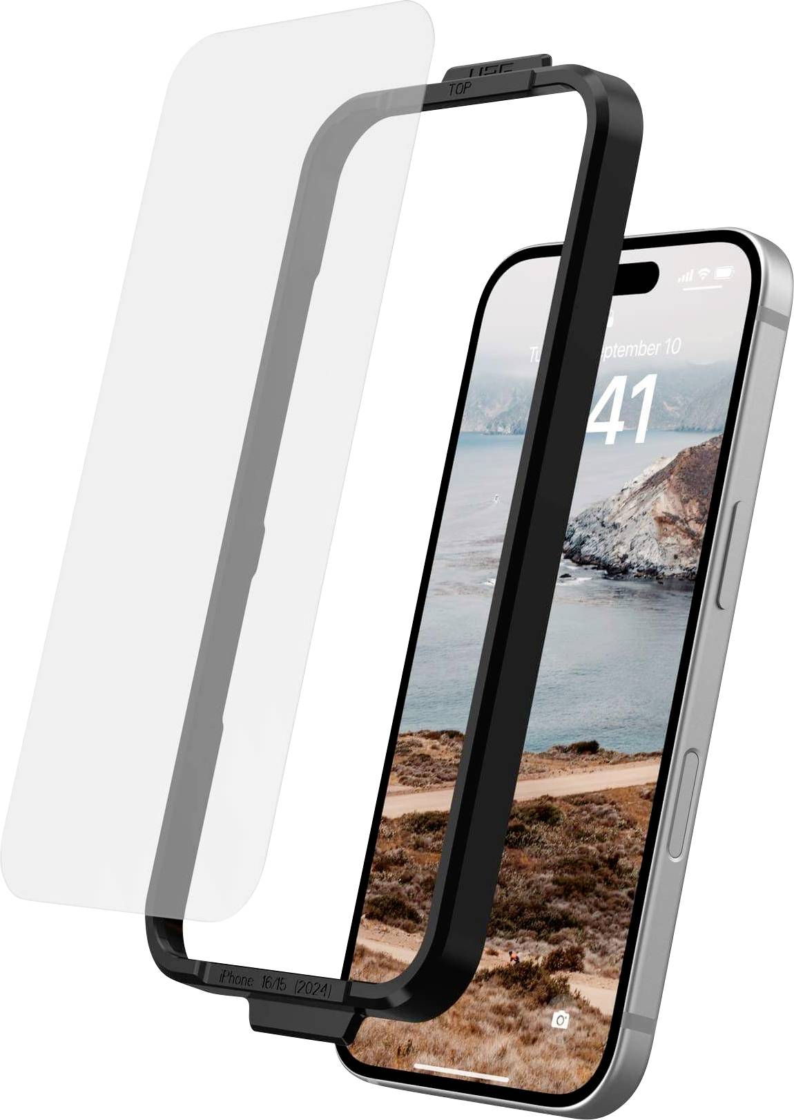 Smartphone mit eingeschaltetem Bildschirm. Landschaftsbild als Hintergrund. Display-Schutz wird mit schwarzem Rahmen angebracht.