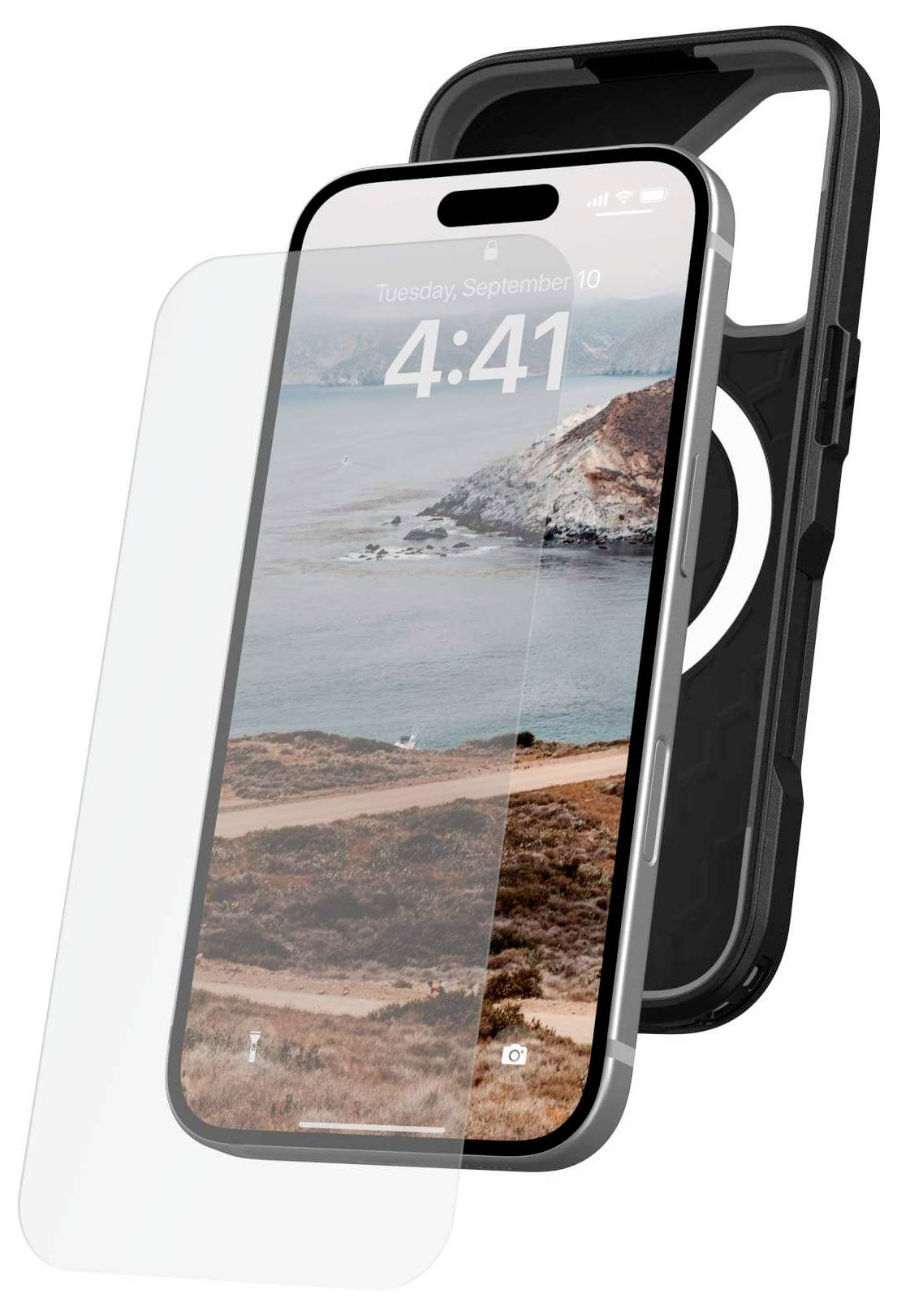 Ein Smartphone in einer robusten Hülle mit einem angezeigten Küstenlandschafts-Hintergrund und der Uhrzeit '4:41' auf dem Bildschirm.
