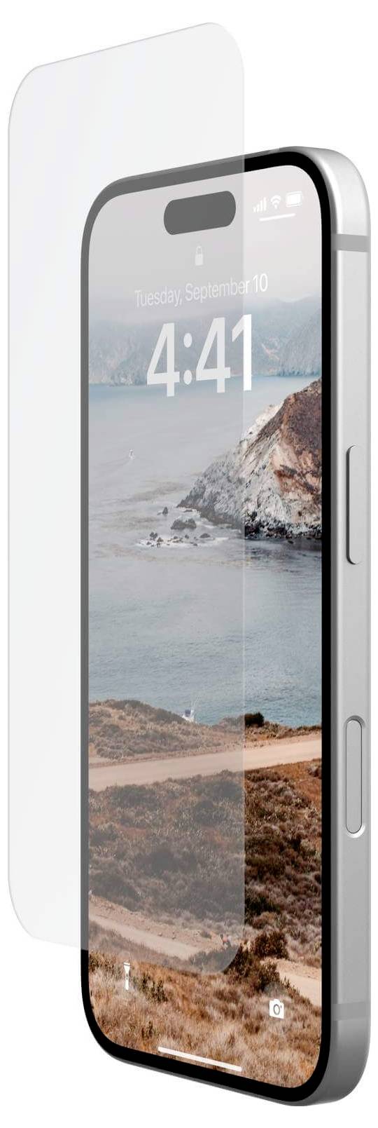 Smartphone mit Küstenansicht auf dem Bildschirm, Datum und Uhrzeit 'Dienstag, 10. September, 4:41' angezeigt. Panzerglas sichtbar.