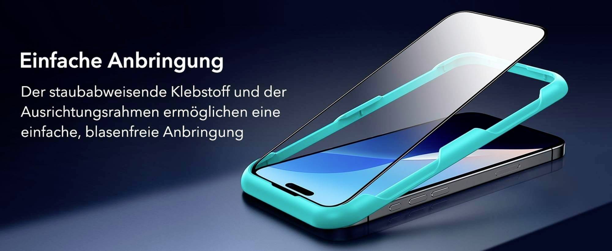 Ein Smartphone mit einer angebrachten Schutzfolie und einem türkisfarbenen Rahmen, begleitet von Text über einfache blasenfreie Anbringung.