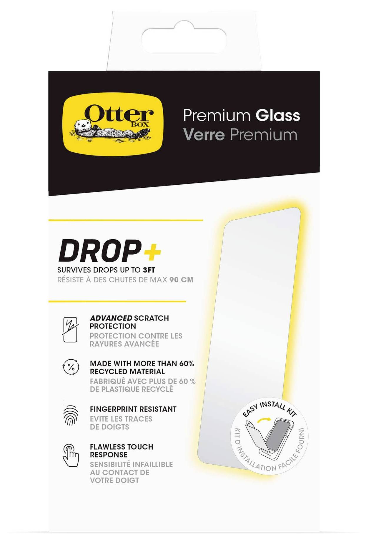 OtterBox Verpackung für Premium-Glas-Schutzfolie. Merkmale: Fallschutz bis 90 cm, 60% recyceltes Material, resistent gegen Fingerabdrücke.