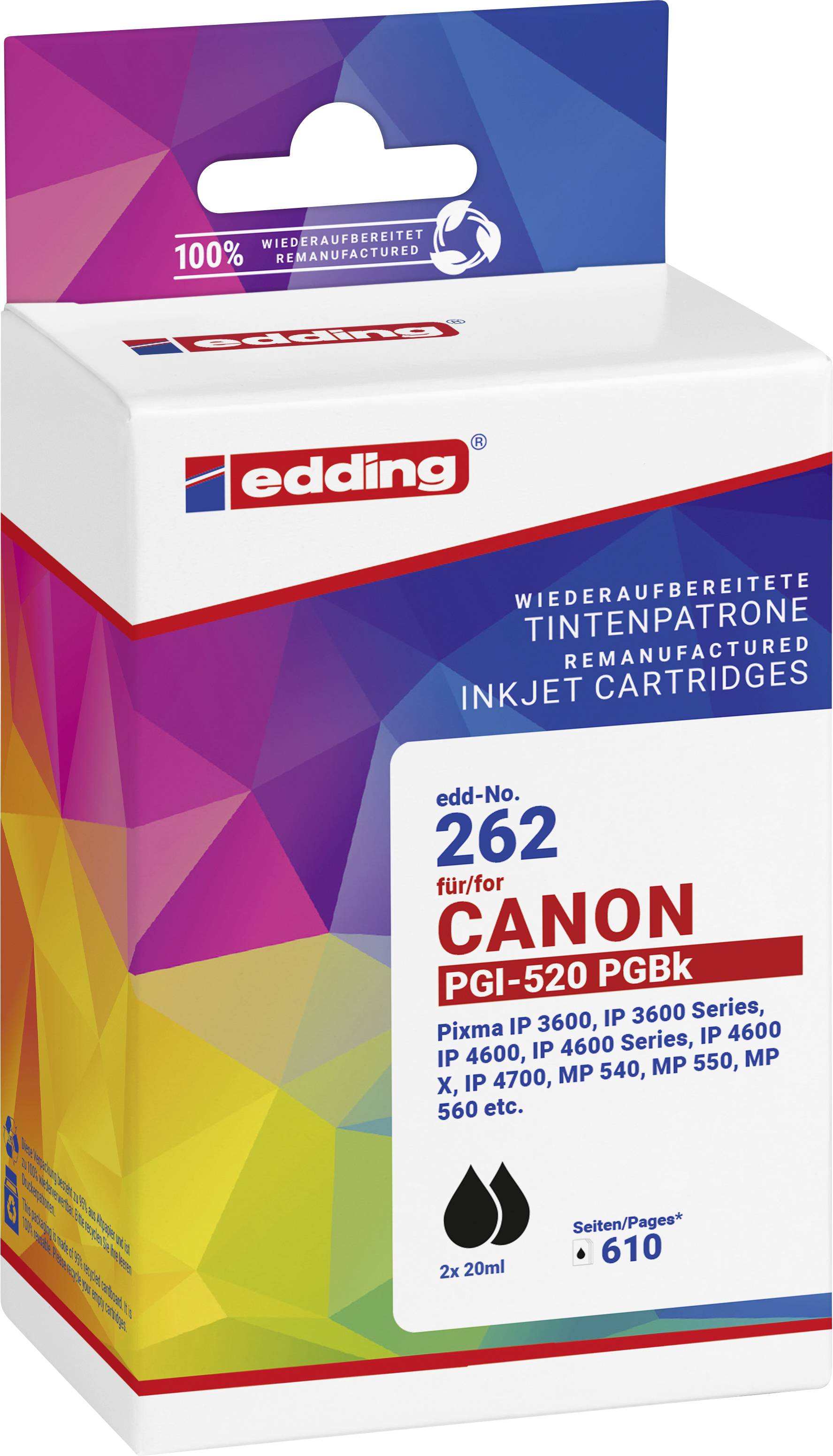Edding Druckerpatrone ersetzt Canon 2x PGI-520BK Kompatibel 2er-Pack Schwarz EDD-262 18-262-01