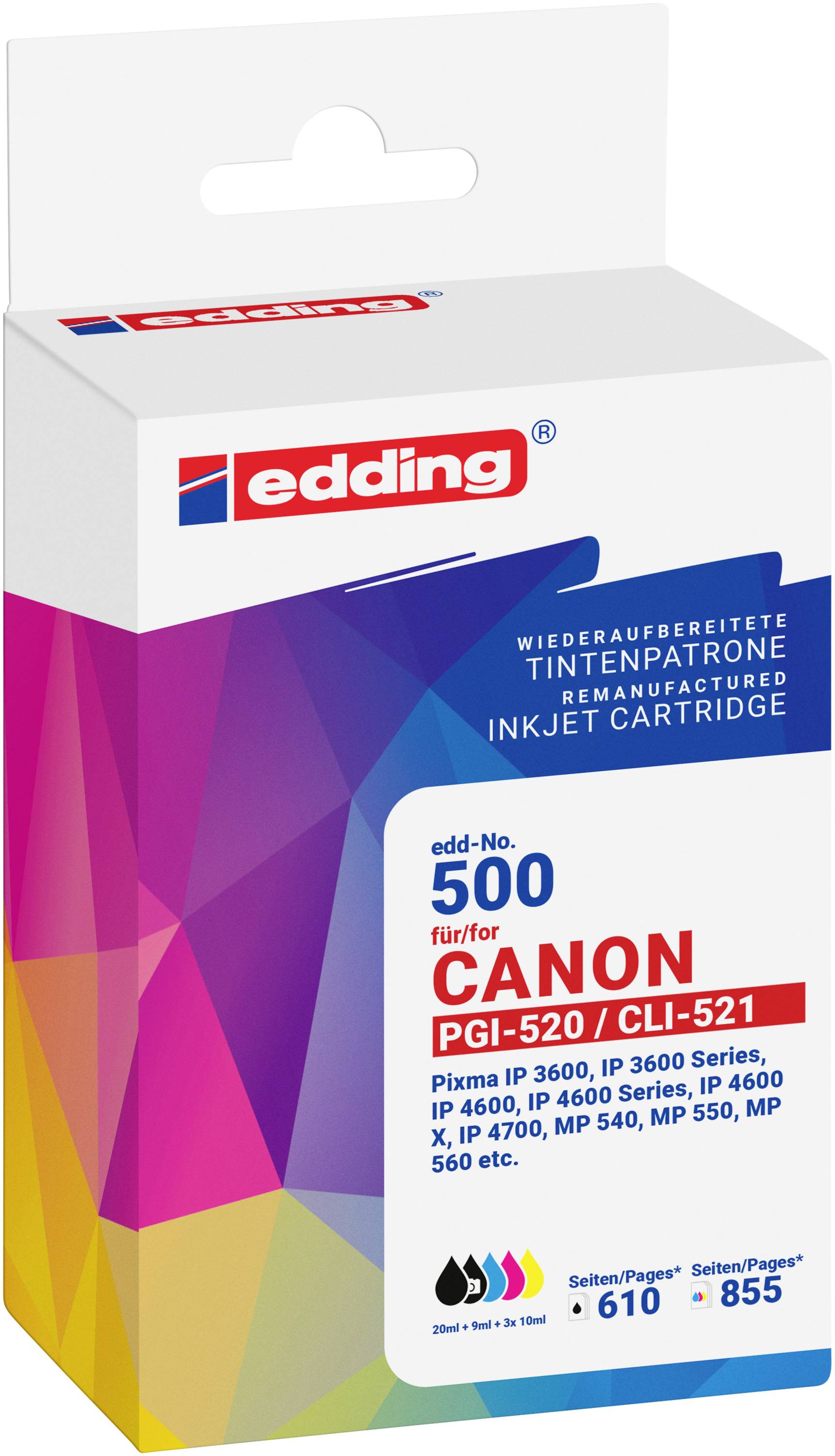 Edding Druckerpatrone ersetzt Canon PGI-520+CLI-521 MP Kompatibel Kombi-Pack Schwarz, Cyan, Magenta, Gelb EDD-500 18-500-01