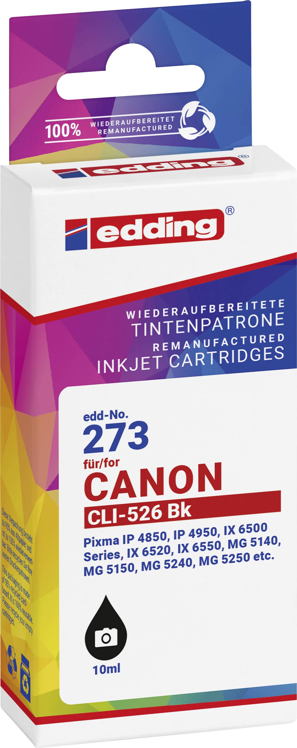 Edding wiederaufbereitete Tintenpatrone für Canon, Modell edd-no. 273, kompatibel mit Canon Druckern IP und MG Serien, 10ml, schwarz.