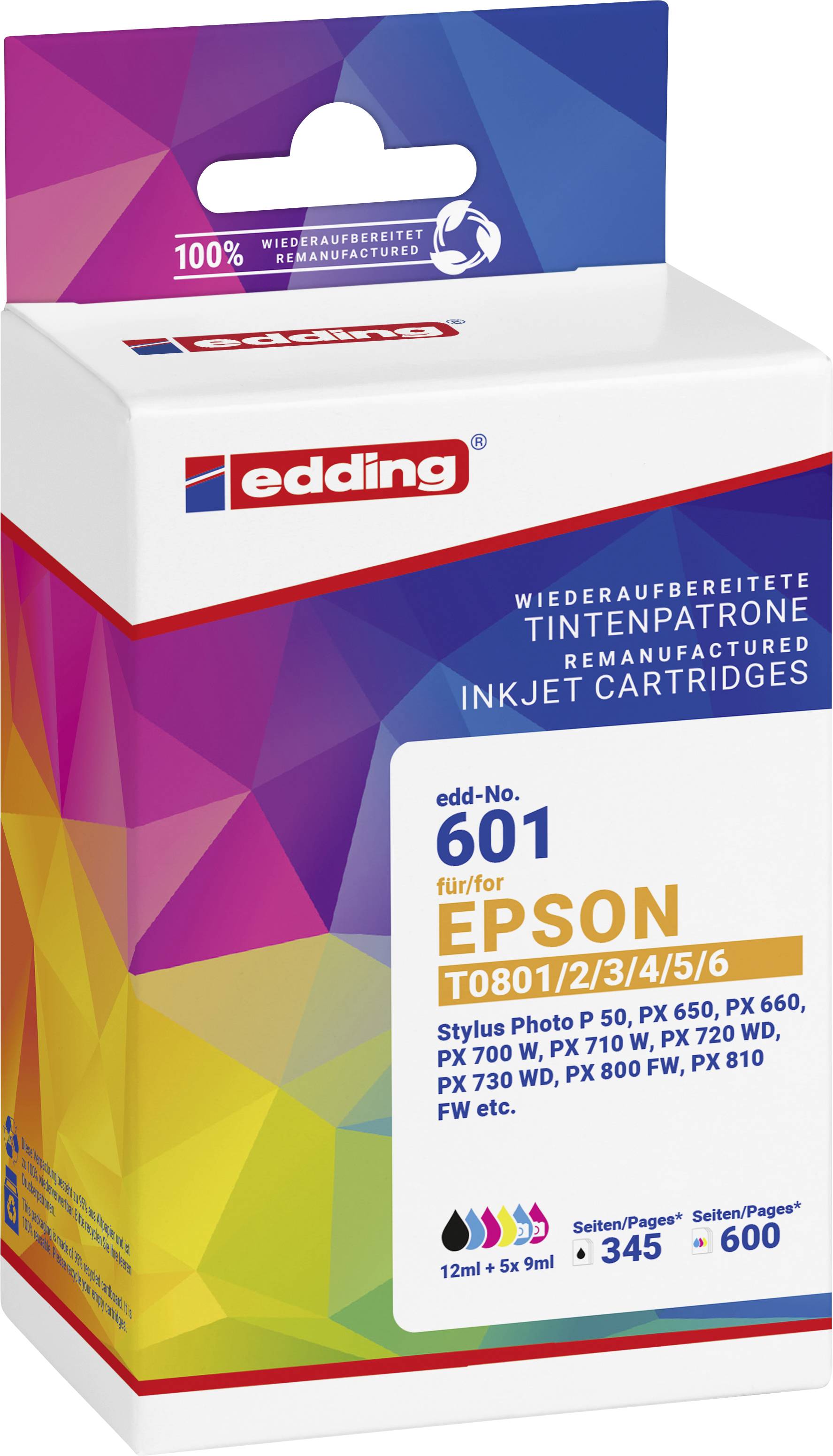 Verpackung einer wiederaufbereiteten Tintenpatrone von 'edding', kompatibel mit Epson-Druckermodellen. Kapazität: 12 ml, Druckleistung: 345 Seiten.