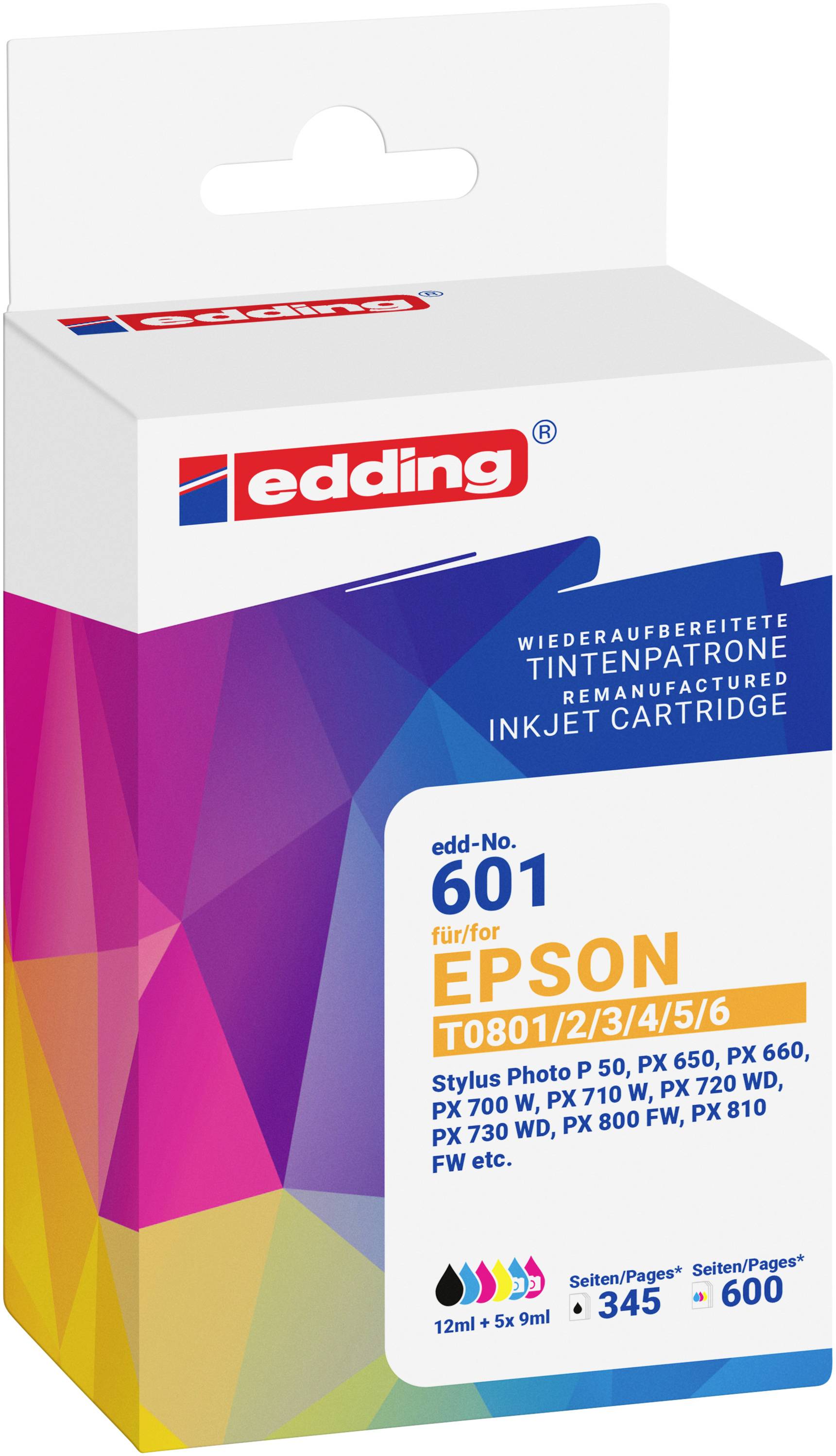 Edding Druckerpatrone ersetzt Epson T0801+02+03+04+05+06 Kompatibel Kombi-Pack Schwarz, Cyan, Magenta, Gelb, Photo Cyan, Photo Magenta EDD-601