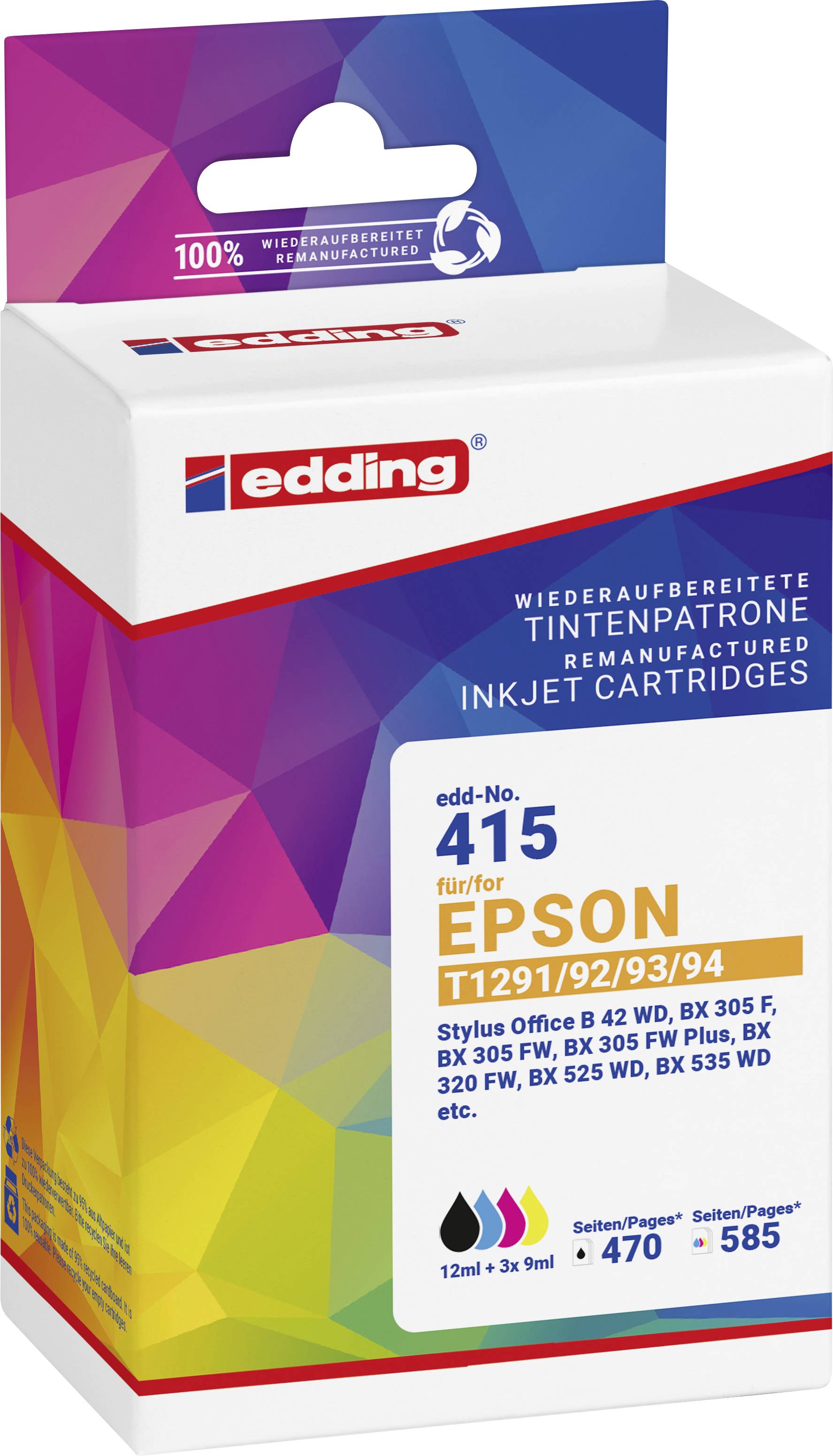 Die Verpackung zeigt eine wiederaufbereitete Epson Tintenpatrone, Typ 415, von edding, mit 12 ml Inhalt für verschiedene Druckermodelle.