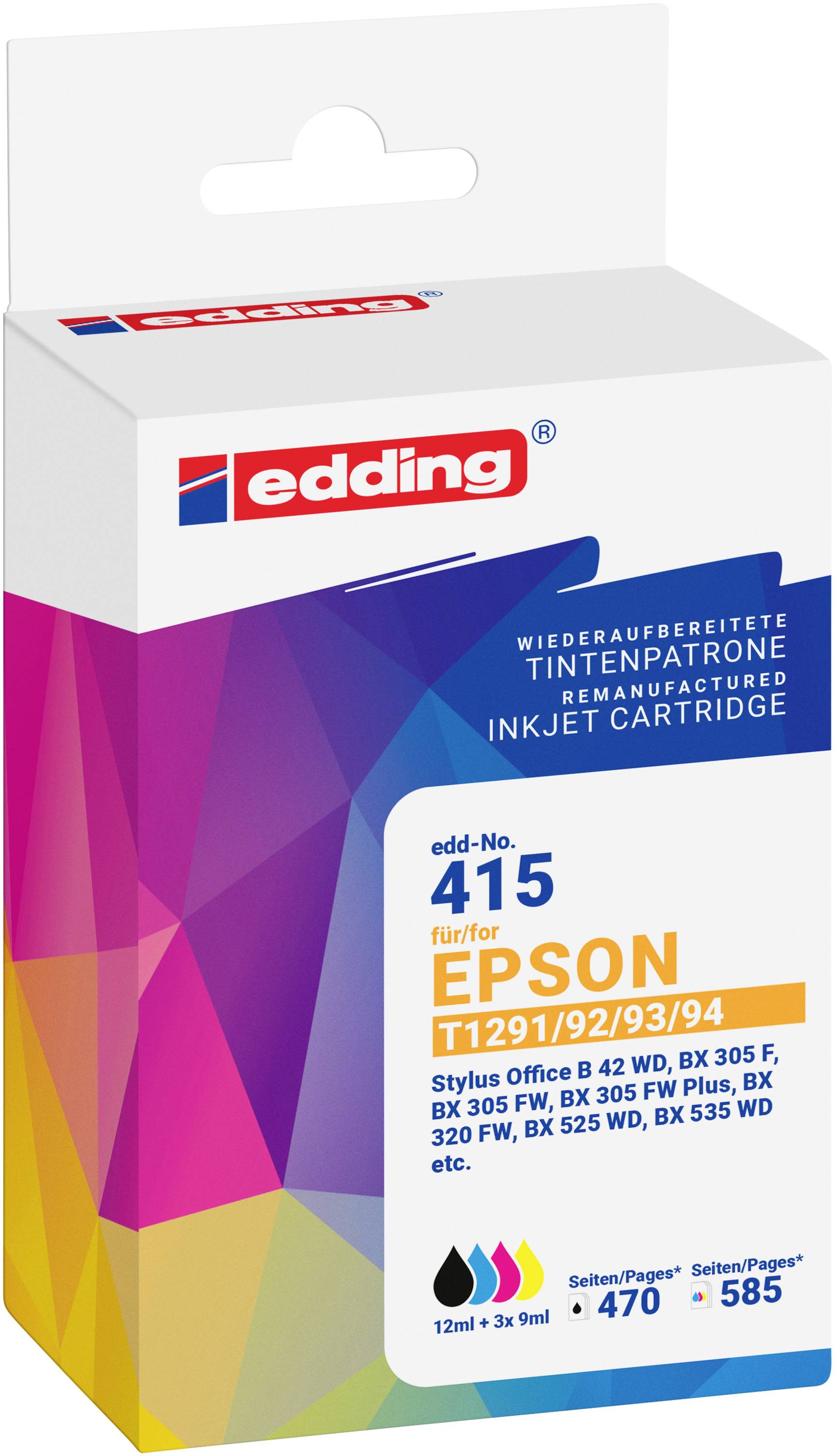 Edding Druckerpatrone ersetzt Epson T1291+92+93+94 MP Kompatibel Kombi-Pack Schwarz, Cyan, Magenta, Gelb EDD-415 18-415-01