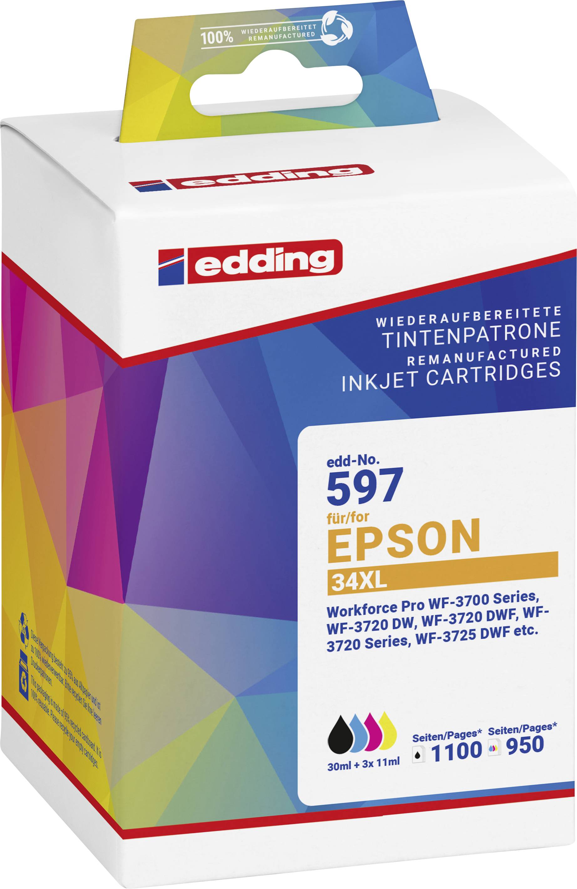 Edding Druckerpatrone ersetzt Epson T3476, T3471, T3472, T3473, T3474, 34XL Kompatibel Kombi-Pack Schwarz, Cyan, Magenta, Gelb EDD-597 18-597-01