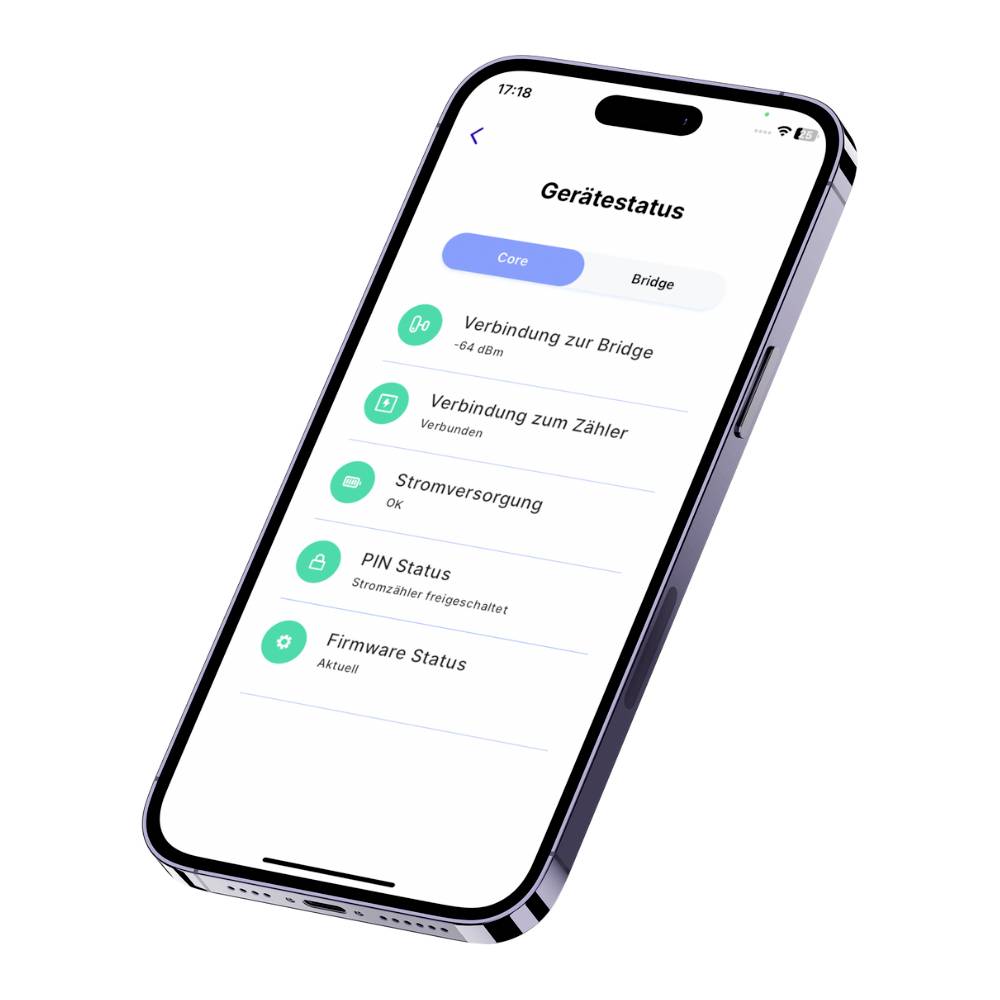 Smartphone-Bildschirm zeigt die App 'Gerätestatus' mit Verbindung, Stromversorgung, PIN und Firmware-Status als 'ok'.