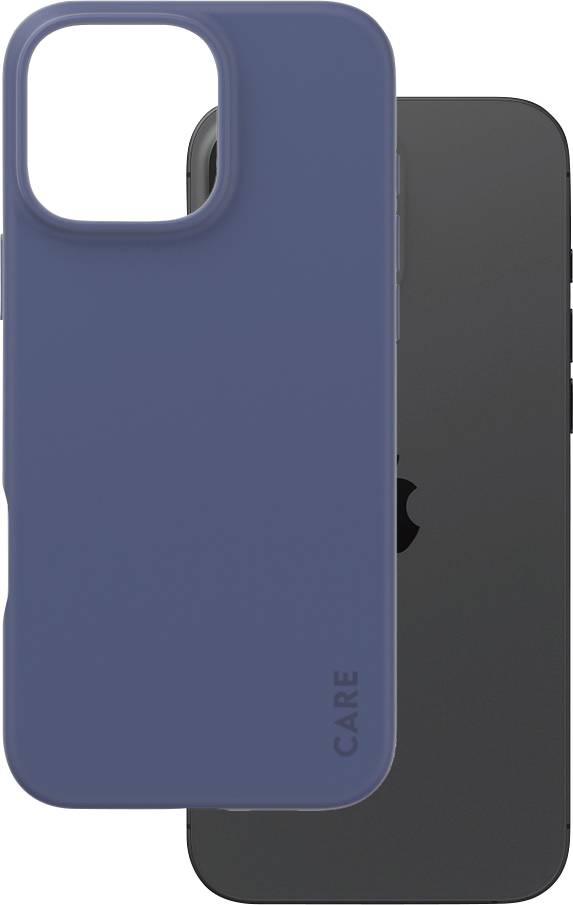 Schwarzes Smartphone mit blauem Schutzgehäuse. Auf dem Gehäuse steht 'CARE'.