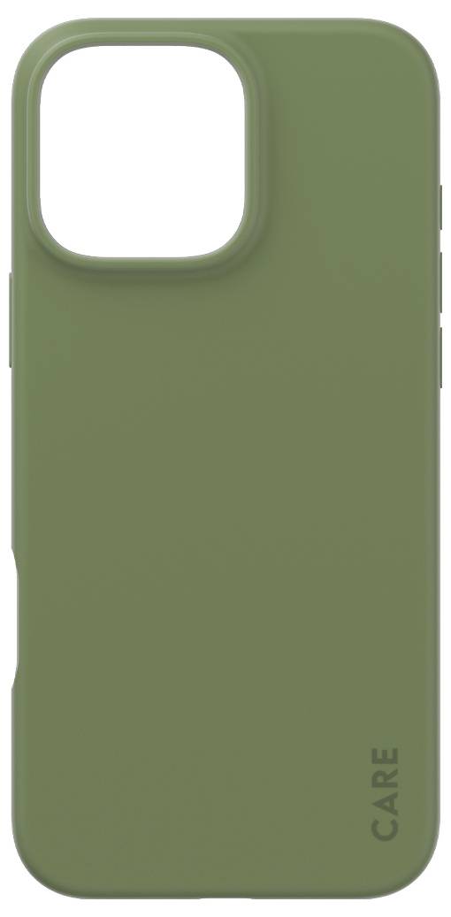 Grüne Smartphone-Hülle mit Kameraaussparung und dem Wort 'CARE' in der unteren rechten Ecke; schlichtes, glattes Design.