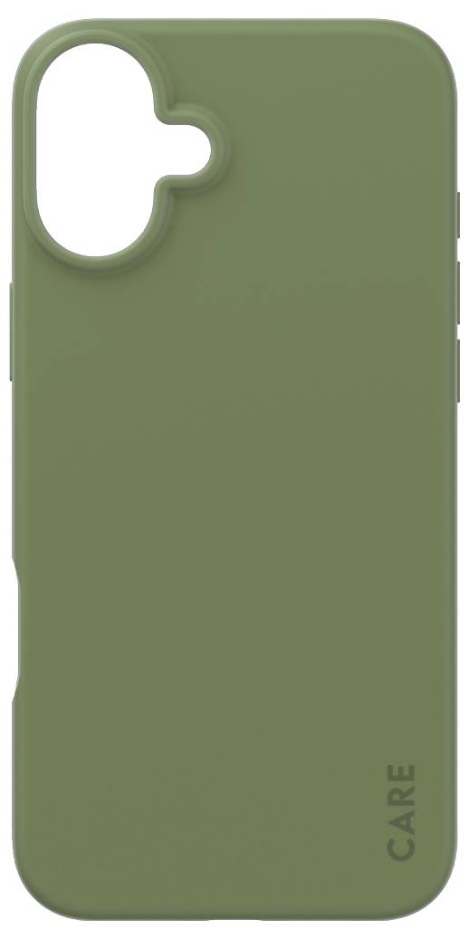 Grüne Handyhülle mit Kameraloch und Aufschrift 'CARE' am unteren Rand.