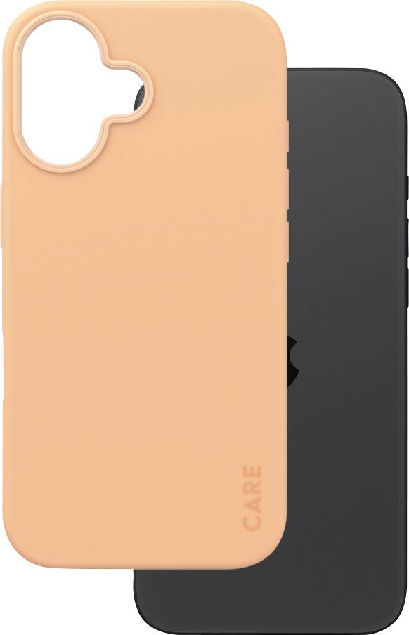 Zwei Handyhüllen: eine schwarze, minimalistische Hülle und eine orangefarbene Hülle mit Herzausschnitt und dem Schriftzug 'CARE'.