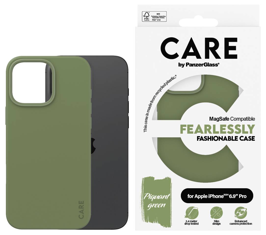 Grüne iPhone-Hülle von PanzerGlass mit MagSafe-Kompatibilität, auf Verpackung als 'Fearlessly Fashionable Case' beschrieben.