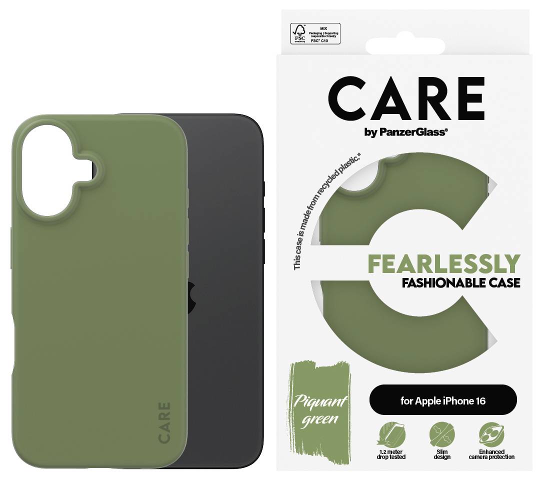 Grüne Schutzhülle für iPhone 16 neben Verpackung. Aufdruck: 'CARE by PanzerGlass – Fearlessly fashionable case'.