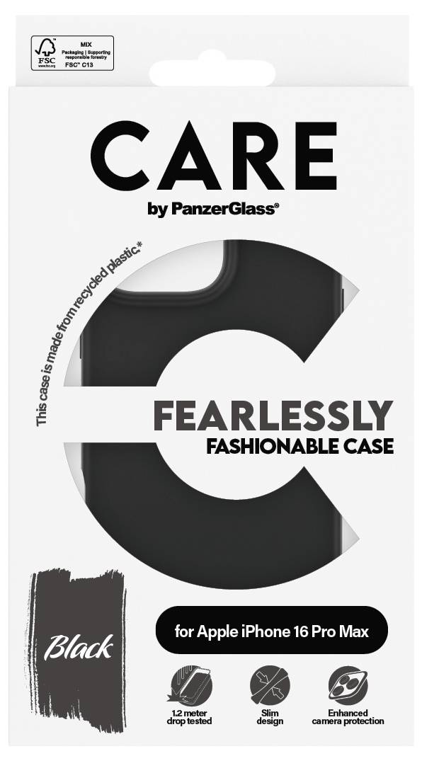 Schwarze Handyhülle von PanzerGlass für iPhone 16 Pro Max. Beschriftung: 'CARE', 'FEARLESSLY FASHIONABLE CASE', recyceltes Material.