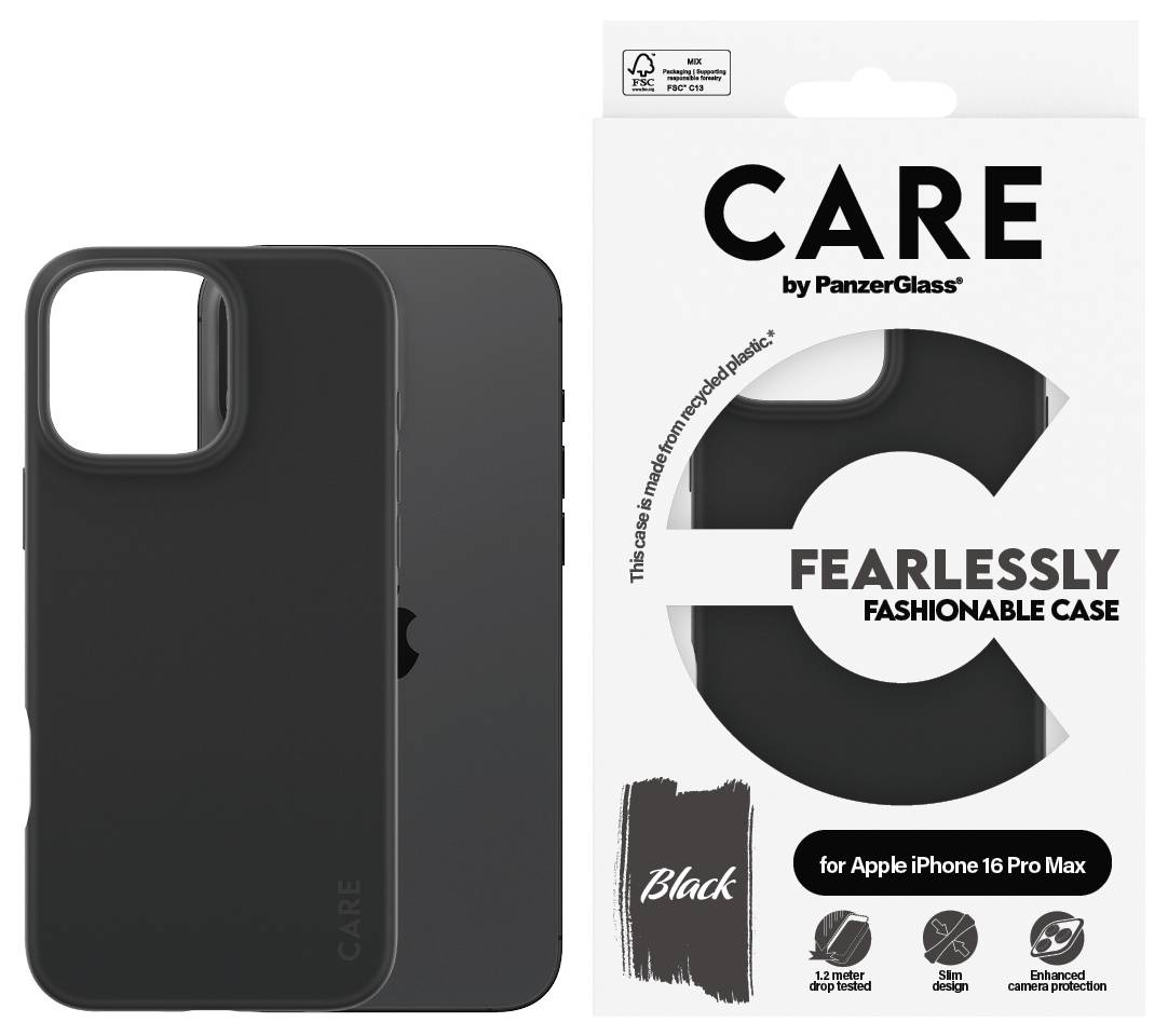 Schwarze Handyhülle neben Verpackung für das 'CARE by PanzerGlass Fearlessly Fashionable Case' für iPhone 16 Pro Max.