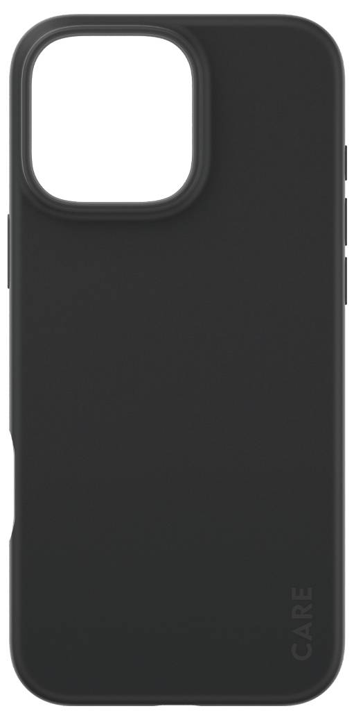 Schwarze Handyhülle, schlichtes Design, geeignet für ein Smartphone der neuen Generation, mit 'CARE'-Prägung in der Ecke.