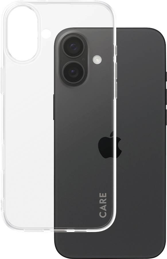 Ein schwarzes Smartphone mit zwei Kameralinsen und einem Apple-Logo. Ein durchsichtiges Case wird darüber gehalten.