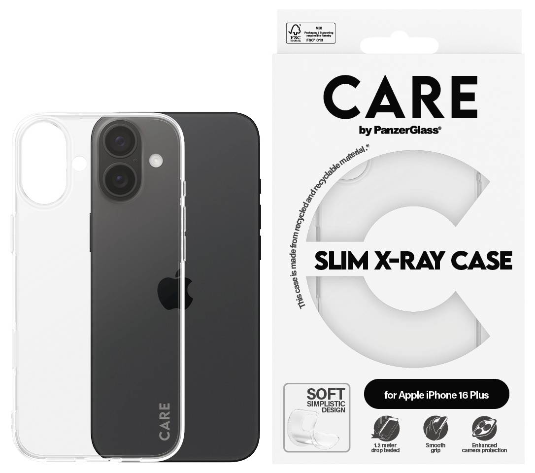iPhone mit transparenter Handyhülle und Verpackung von PanzerGlass 'CARE Slim X-Ray Case'. Schutz für iPhone 16 Plus, nachhaltiges Material.
