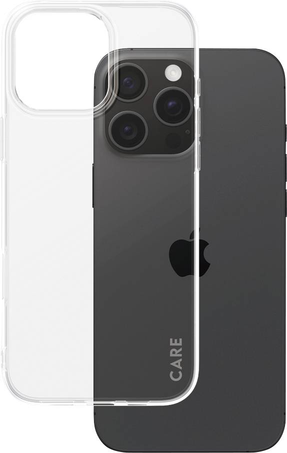 Ein schwarzes Smartphone mit mehreren Kameras, sichtbar durch eine transparente Schutzhülle. Die Rückseite hat ein Apfel-Logo.
