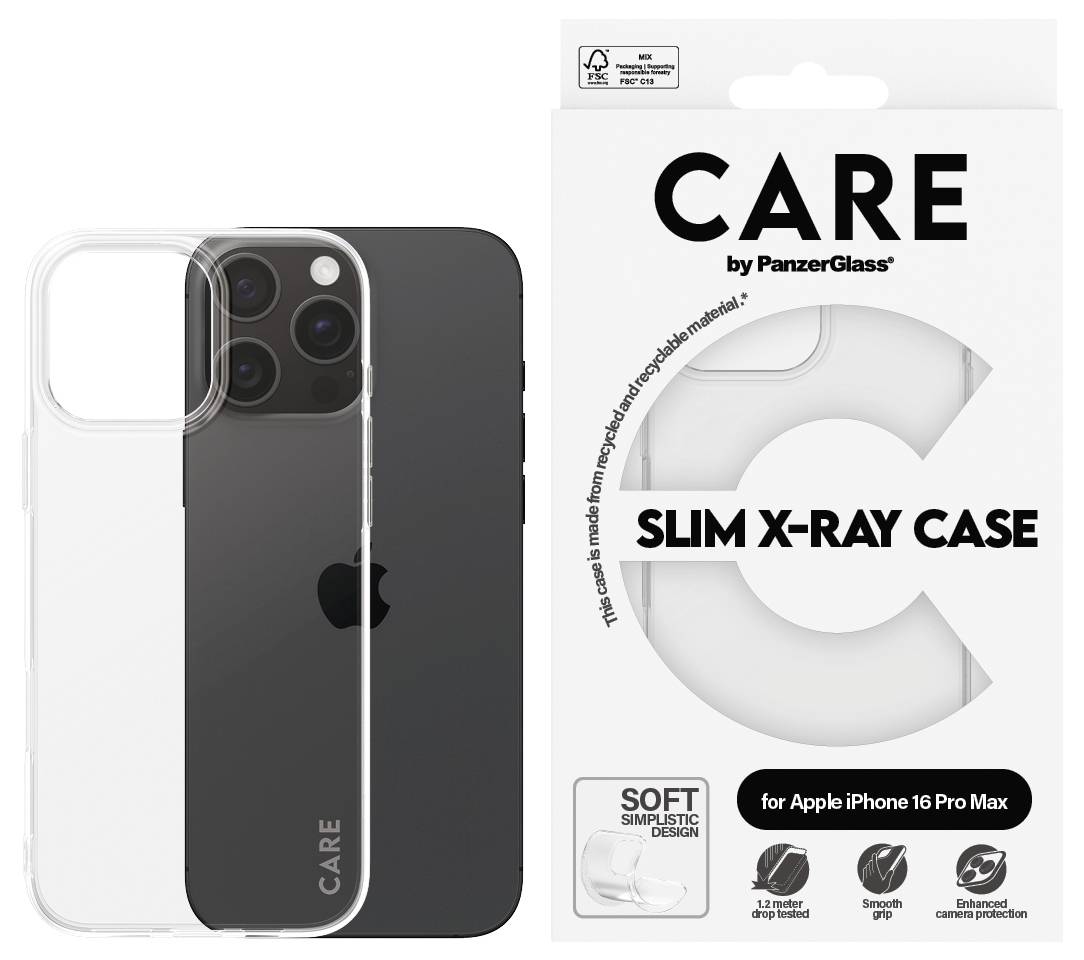 Klares Handycase neben einer iPhone 16 Pro Verpackung mit Text 'SLIM X-RAY CASE'. Optimaler Schutz, nachhaltiges Design.