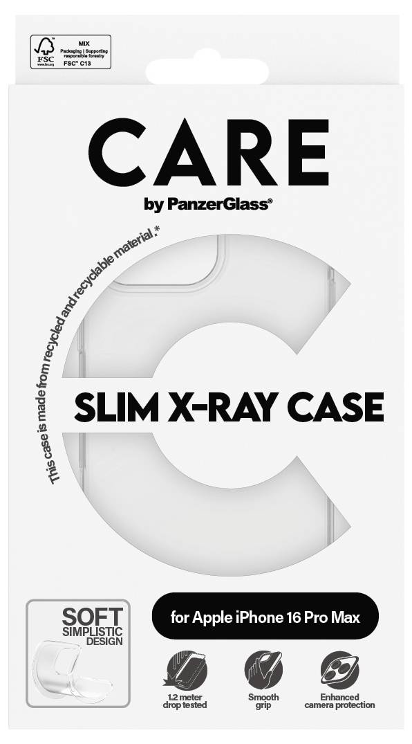 Verpackung einer Schutzhülle 'CARE Slim X-Ray Case' von PanzerGlass für iPhone 16 Pro Max. Hinweise: recyceltes Material, Kameraschutz.
