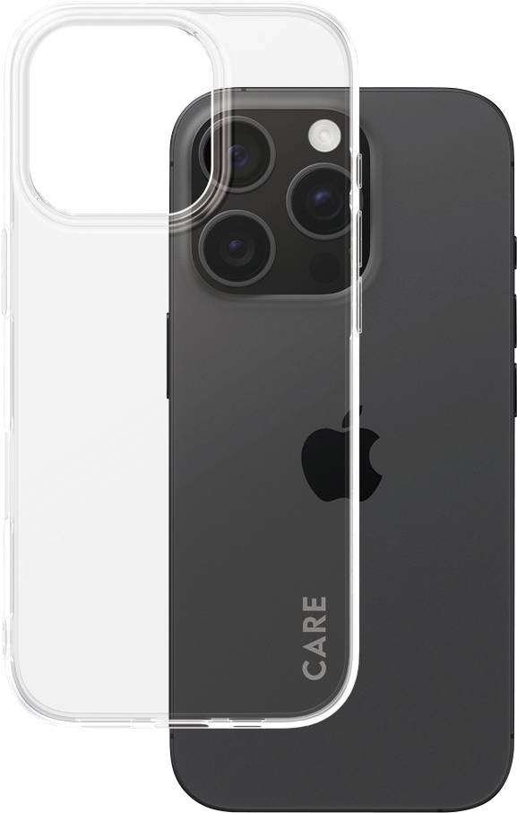 Ein schwarzes Smartphone mit Kamera auf der Rückseite und einem transparenten Schutzgehäuse.