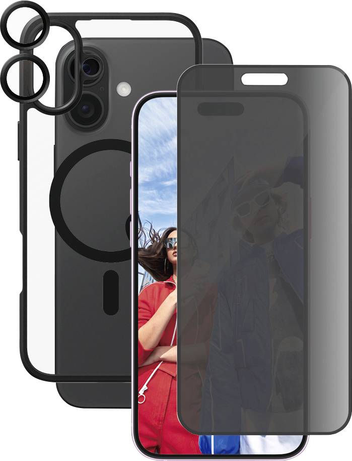 Kit für Handyschutz: Schwarze Hülle, Kameraabdeckung, Panzerglas. Schützt Telefon und Kamera.